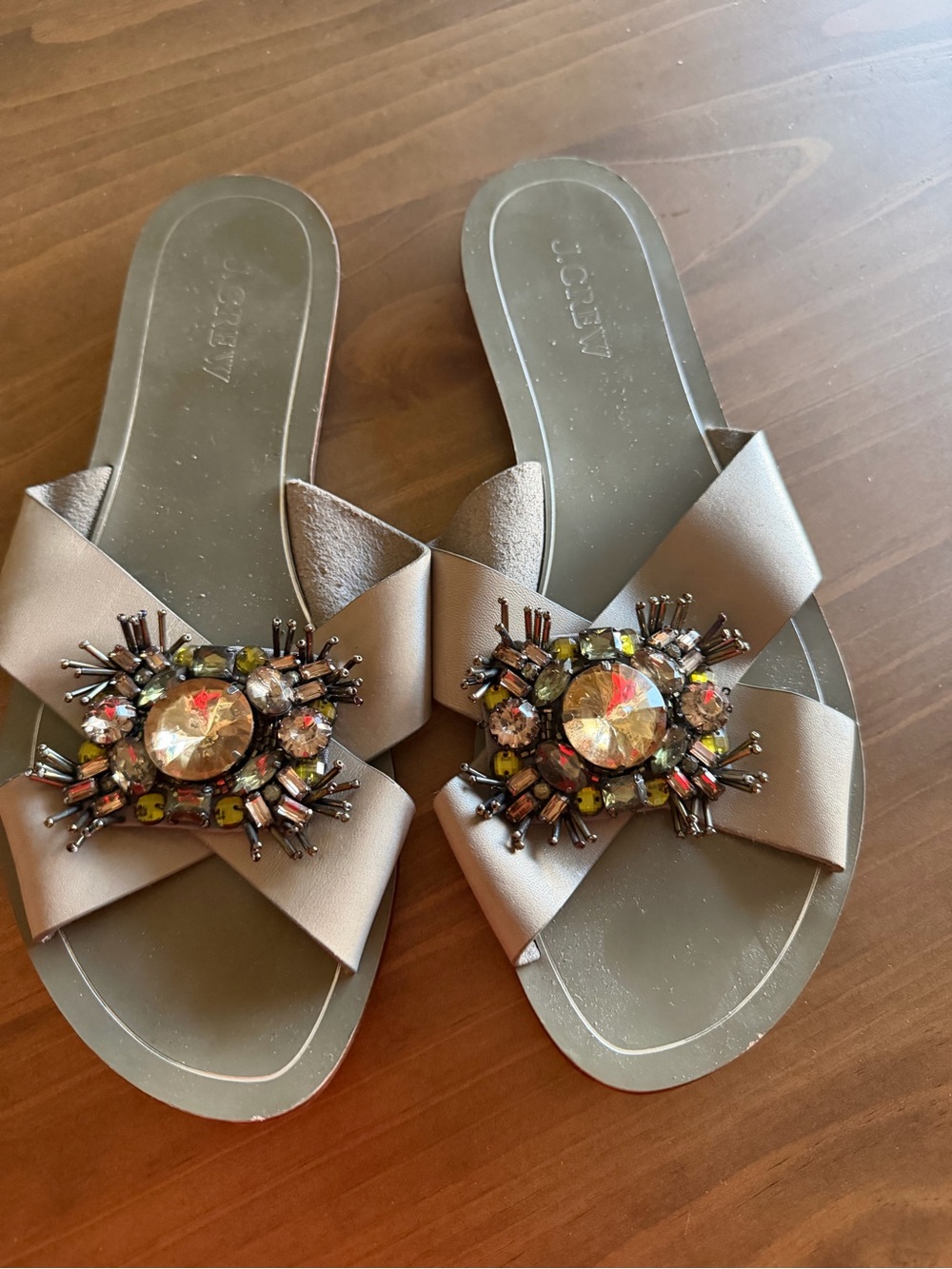 J. Crew Taupe Jeweled Crossover Slide Sandals with Multicolor Crystal Medallions